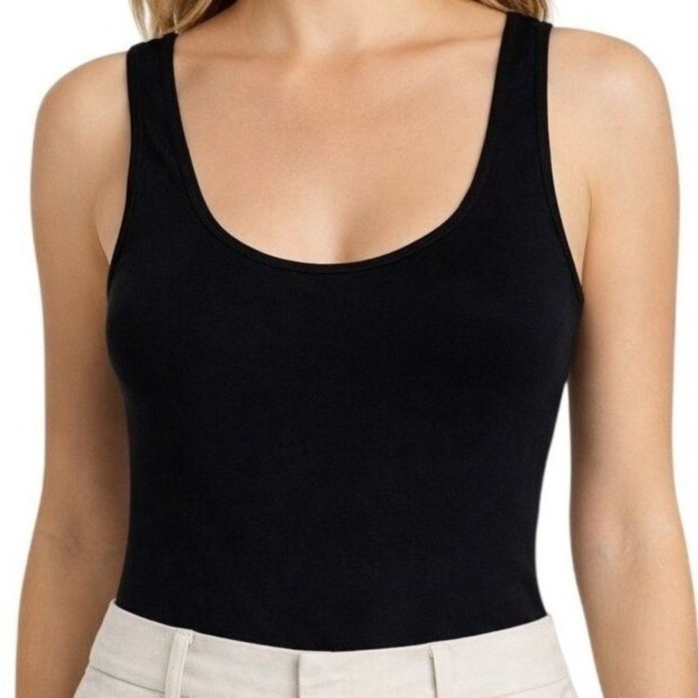 Theory‎ Black Bodysuit Large Stretch Scoop Neck Capsule Wardrobe Clean Girl Luxe